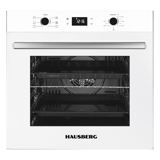 Four électrique encastrable Hausberg HB-8054AB, Classe A, volume 71 L, puissance 2225 W, panneau en verre thermo-isolant, thermostat, minuterie, 7 fonctions, ventilation, Blanc