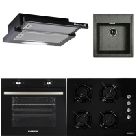 Pachet Incorporabil Hausberg Cuptor electric HB-8051NG, Clasa A, 76L, 2000W, Negru, Plita HB-563NG, 4 arzatoare, Gaz, Sticla, Hota telescopica HB-1285NG, Putere de absorbtie 420 m3/h, 2 motoare, Chiuveta bucatarie Hausberg HB-9501NG, compozit granit