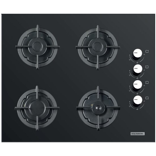 Plaque de cuisson encastrable Hausberg HB-567NG, Gaz, 4 brûleurs, Sécurité GAZ, Gril en fonte, Matériau en verre, Noir