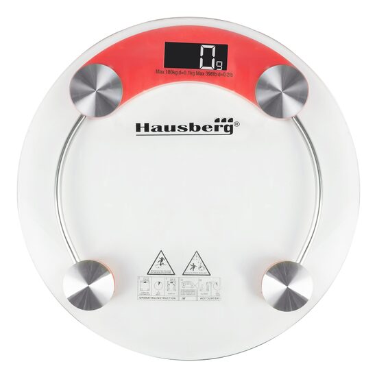 HAUSBERG HB-6000RS Körperwaage, LCD-Display, automatische Abschaltung, Batterieanzeige, 180 kg, Transparentes Glas, Rot