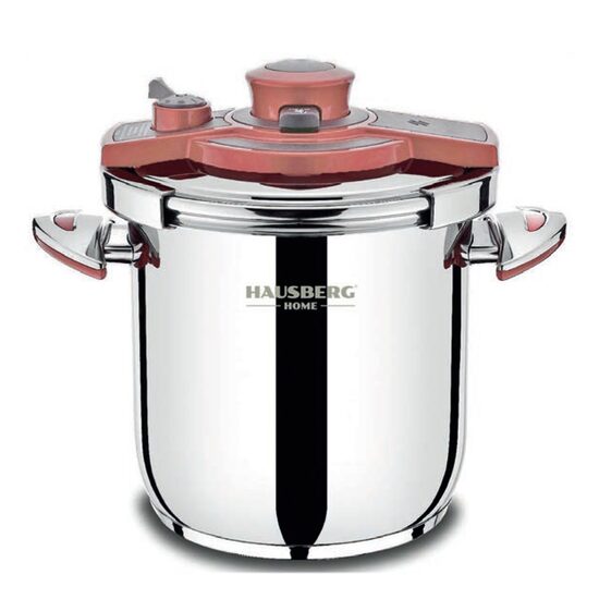 Schnellkochtopf HAUSBERG HB-H 309, 9 Liter, 18/10 Edelstahl, Induktion, Dreifachboden, Silber-Rot