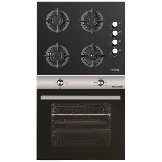 Built-in package HAUSBERG Electric oven HB-8051IN, 2000 W, 76 l, 4 Functions, Class A, Hob HB-567NG, Gas, 4 burners, GAS safety system, Cast iron grill, Material Glass, Black/Stainless steel