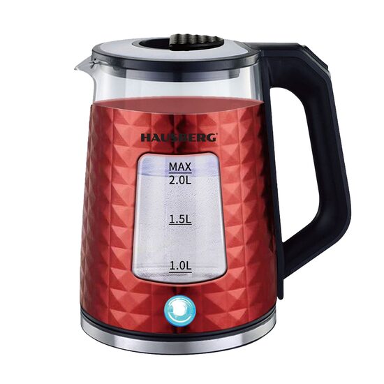 Hausberg HB-3617RS Wasserkocher, 1500 W, 2 L, 360 Grad drehbarer Sockel, Kontrollleuchte, Automatische Abschaltung, Rot