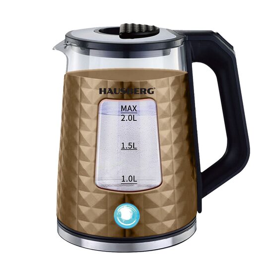 Hausberg HB-3617AU Wasserkocher, 1500 W, 2 L, 360 Grad drehbarer Sockel, Kontrollleuchte, Automatische Abschaltung, Gold