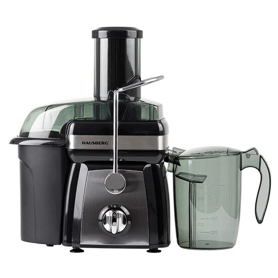 Hausberg HB-7540 Obst- und Gemüseentsafter, 1000 W, 2 Geschwindigkeiten, 1 l Tresterbehälter, 1 l Saftbehälter, Schiebezubehör, Schwarz + Silber