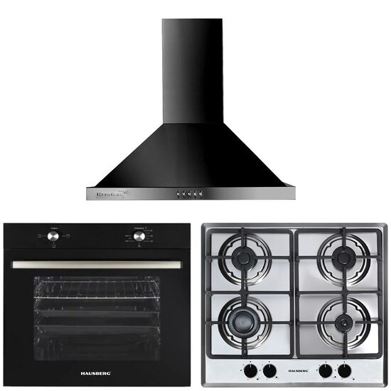 Hausberg HB-8051NG built-in package, electric, 2000 W, 76 l, 4 functions, HB-555 hob, electric ignition, gas, 4 burners, safety system, decorative hood HB-1260NG, 400 m3/h, 1 motor, 60 cm , Class A, Black