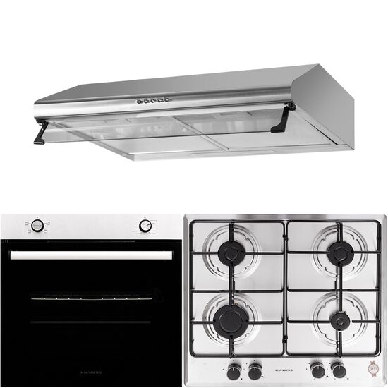 Einbaupaket Elektrobackofen Hausberg HB-8051IN, Klasse A, 76L, 2000W, Schwarz/Edelstahl, Einbaukochfeld HB-555, 4 Brenner, Gas, Edelstahl, Dekorative Einbauhaube HB-1220, Absorptionsleistung 450 m3/h, 2 Motoren, 60 cm, Edelstahl