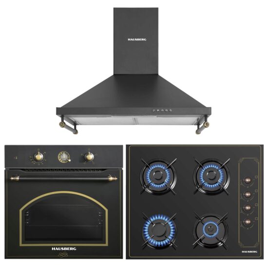 Rustikales Einbaupaket Hausberg HB-8055RST Backofen, 57 l, Leistung 2000 W, Hausberg HB-575RST Einbaukochfeld, 4 Brenner, Gas, 60 cm, Hausberg HB-1505RST Dekorative Dunstabzugshaube, Absorptionsleistung 450 m3/h, 1 Motor, 60 cm Edelstahl, Rustikales Schwarz