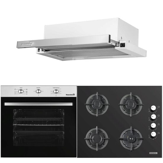 Hausberg HB-8053IN Einbau-Elektrobackofen-Paket, Klasse A, 71 l, 2225 W, Schwarz/Edelstahl, HB-567NG Einbaukochfeld, Gas, 4 Brenner, Gusseisen, Glas, HB-1285IN Teleskop-Einbauhaube, Absorptionsleistung 420 m³/h, 2 Motoren, 60 cm, Weiß