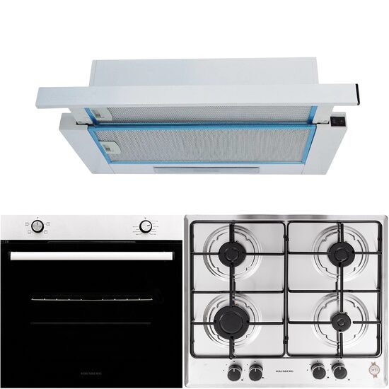 Einbaupaket Hausberg HB-8051IN Elektrobackofen, Klasse A, 76L, 2000W, Schwarz/Edelstahl Einbaukochfeld HB-555, 4 Brenner, Gas, Edelstahl Einbau-Teleskophaube HB-1280, Absorptionsleistung 280 m3/h, 1 Motor, 60 cm, Weiß
