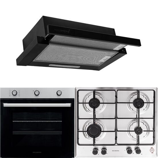 Four électrique encastrable Hausberg HB-8053IN, 71 L, noir/acier inoxydable, plaque de cuisson encastrable HB-555, gaz, acier inoxydable, hotte télescopique intégrée HB-1285NG, 420 m³/h, 2 moteurs, 60 cm