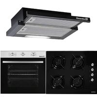 Einbaupaket Hausberg HB-8053IN Elektrobackofen, 71L, Schwarz/Edelstahl, Einbaukochfeld HB-563NG, Gas, Glas, Schwarz, Eingebaute Teleskophaube HB-1285NG, 420 m3/h, 2 Motoren
