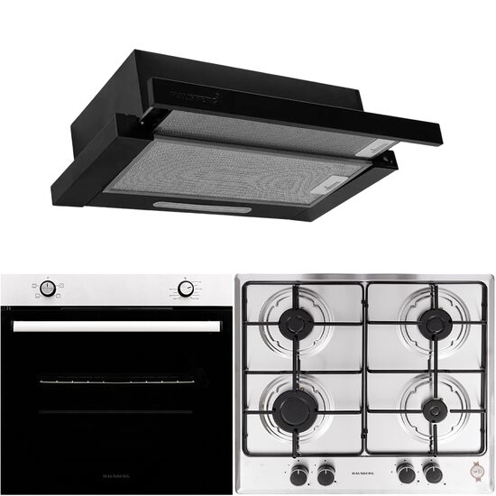 Hausberg Einbaupaket Elektrobackofen HB-8051IN, Klasse A, 76L, 2000W, Schwarz/Edelstahl Einbaukochfeld HB-555, 4 Brenner, Gas, Edelstahl, Teleskop-Einbauhaube HB-1285NG, Absorptionsleistung 420 m3/h, 2 Motoren, 60 cm, Schwarz
