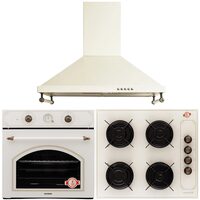 Rustikales Einbaupaket, Hausberg HB-8050 Elektrobackofen, Klasse A, 57l, Umluft, Beige + Einbaukochfeld HB-570, 4 Brenner, Gas, Glas + Dekorative Dunstabzugshaube HB-1500, 60cm, Aluminiumfilter, Beige