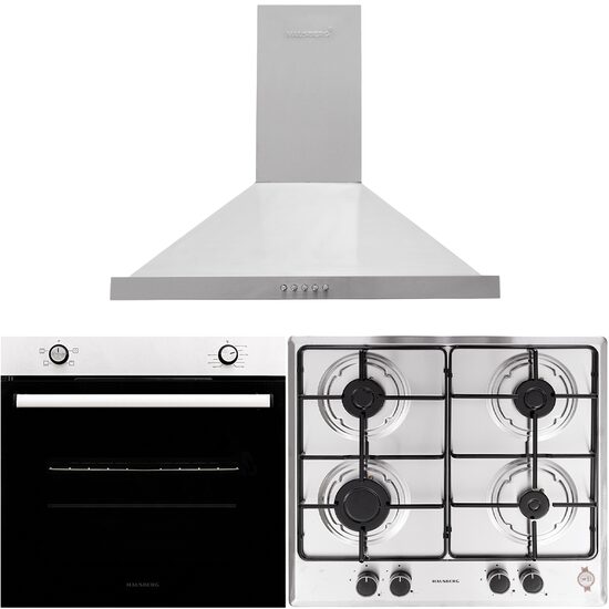 Hausberg HB-8051IN Einbaubackofen-Paket, Elektro, 76 l, 4 Funktionen, Klasse A + Hausberg HB-555 Einbaukochfeld, 4 Brenner, Gas, Edelstahl + Hausberg HB-1260 Dekorative Einbauhaube, 400 m3/h, 1 Motor, 60 cm, Edelstahl