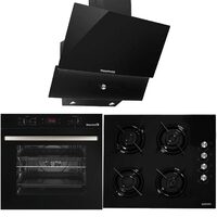 Einbaupaket Elektrobackofen Hausberg HB-8054, Klasse A, 71L, 2225W, Schwarz, Einbaukochfeld HB-563NG, 4 Brenner, Gas, Glas, Schwarz, Dekorative Einbauhaube HB-2285NG, 60 cm, Aluminiumfilter, Schwarz