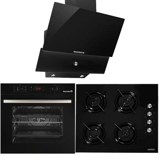 Einbaupaket Elektrobackofen Hausberg HB-8054, Klasse A, 71L, 2225W, Schwarz, Einbaukochfeld HB-563NG, 4 Brenner, Gas, Glas, Schwarz, Dekorative Einbauhaube HB-2285NG, 60 cm, Aluminiumfilter, Schwarz