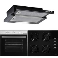 HAUSBERG Basic Style Black Package, Einbau-Elektrobackofen HB8052, Klasse A, 71L, 2000W, Schwarz/Edelstahl, Einbaukochfeld HB563NG, 4 Brenner, Gas, Glas, Schwarz, Integrierte Teleskophaube HB1285NG, Absorptionsleistung 420 m3/h, 2 Motoren
