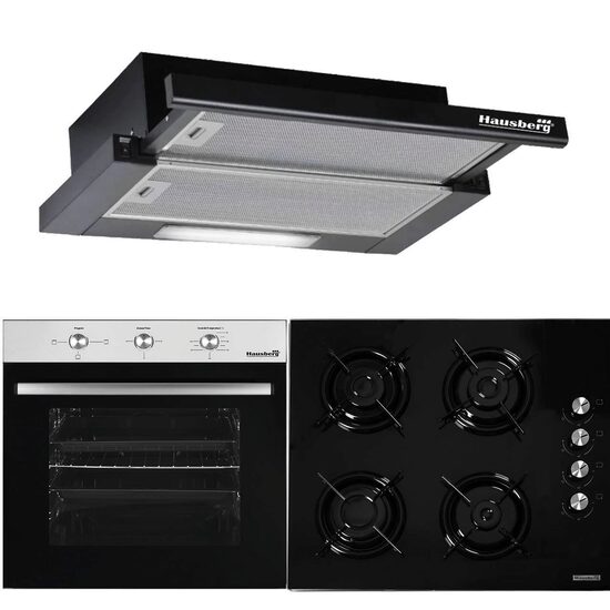 HAUSBERG Basic Style Black Package, Einbau-Elektrobackofen HB8052, Klasse A, 71L, 2000W, Schwarz/Edelstahl, Einbaukochfeld HB563NG, 4 Brenner, Gas, Glas, Schwarz, Integrierte Teleskophaube HB1285NG, Absorptionsleistung 420 m3/h, 2 Motoren