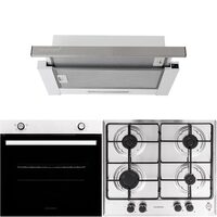 Einbaupaket Elektrobackofen Hausberg HB-8051IN, Klasse A, 76L, 2000W, Schwarz/Edelstahl, Einbaukochfeld HB-555, 4 Brenner, Gas, Edelstahl, Integrierte Teleskophaube HB-1285IN, Absorptionsleistung 420 m3/h, 2 Motoren, 60 cm, Edelstahl/Weiß