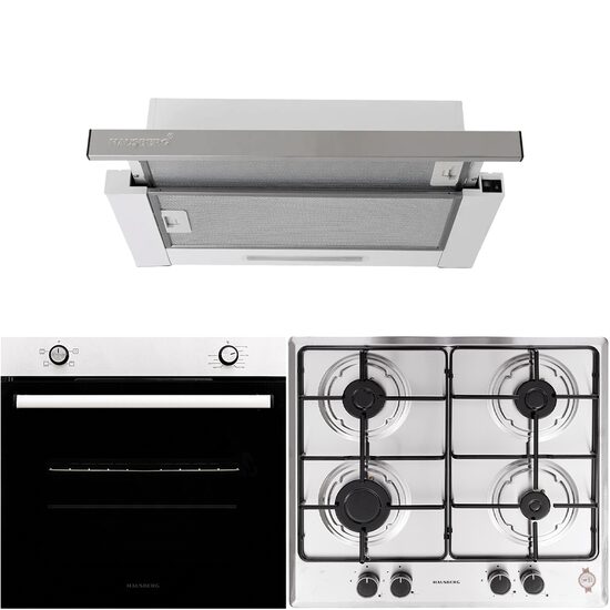 Einbaupaket Elektrobackofen Hausberg HB-8051IN, Klasse A, 76L, 2000W, Schwarz/Edelstahl, Einbaukochfeld HB-555, 4 Brenner, Gas, Edelstahl, Integrierte Teleskophaube HB-1285IN, Absorptionsleistung 420 m3/h, 2 Motoren, 60 cm, Edelstahl/Weiß