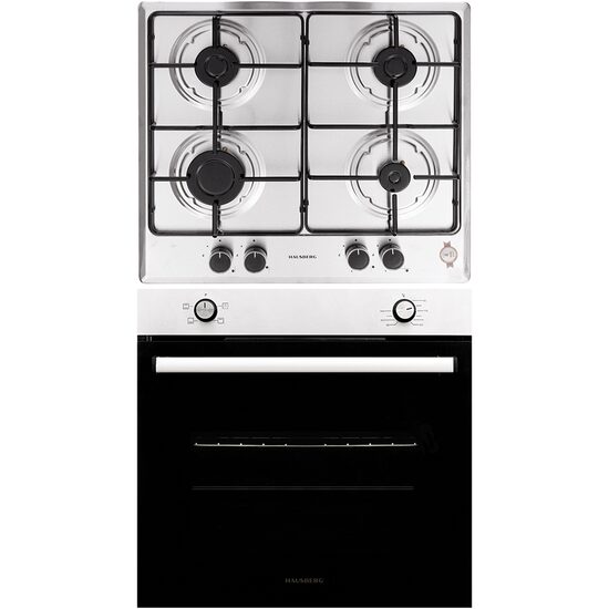Einbaubackofen-Paket Hausberg HB-8051IN, Elektro, Leistung 2000 W, 76 l, 4 Funktionen, Klasse A, Schwarz/Edelstahl, Einbaukochfeld Hausberg HB-555, Gas, 4 Brenner, Sicherheitssystem, Edelstahl