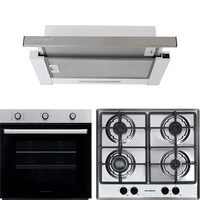 Hausberg HB-8053IN Einbau-Elektrobackofen-Paket, Klasse A, 71 l, 2225 W, Schwarz/Edelstahl, HB-556IN Einbaukochfeld, Gas, 4 Brenner, Gusseisengrill, HB-1285IN Teleskop-Einbauhaube, Absorptionsleistung 420 m³/h, 2 Motoren, 60 cm, Weiß