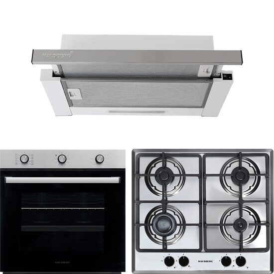 Hausberg HB-8053IN Einbau-Elektrobackofen-Paket, Klasse A, 71 l, 2225 W, Schwarz/Edelstahl, HB-556IN Einbaukochfeld, Gas, 4 Brenner, Gusseisengrill, HB-1285IN Teleskop-Einbauhaube, Absorptionsleistung 420 m³/h, 2 Motoren, 60 cm, Weiß