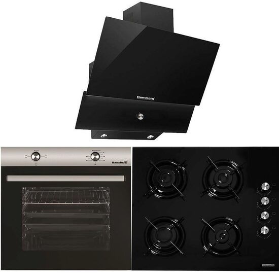 Paket Einbaubackofen Hausberg HB-8051IN, Elektro, 76 l, 4 Funktionen, Klasse A + Einbaukochfeld Hausberg HB-563, Gas, 4 Brenner, Schwarz + Dekorative Einbauhaube Hausberg HB-2285NG, 60 cm, Aluminiumfilter, Schwarz