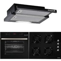HAUSBERG Premium Style Black Package, Einbau-Elektrobackofen HB8054, Klasse A, 71L, 2225W, Schwarz, Einbaukochfeld HB563NG, 4 Brenner, Gas, Glas, Schwarz, Integrierte Teleskophaube HB1285NG, Absorptionsleistung 420 m3/h, 2 Motoren