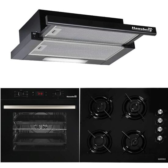 HAUSBERG Premium Style Black Package, Four électrique encastrable HB8054, Classe A, 71 L, 2225 W, Noir, Plaque de cuisson encastrable HB563NG, 4 feux, Gaz, Vitrée, Noir, Hotte télescopique encastrable HB1285NG, Puissance d&#39;absorption 420 m3/h, 2 moteurs