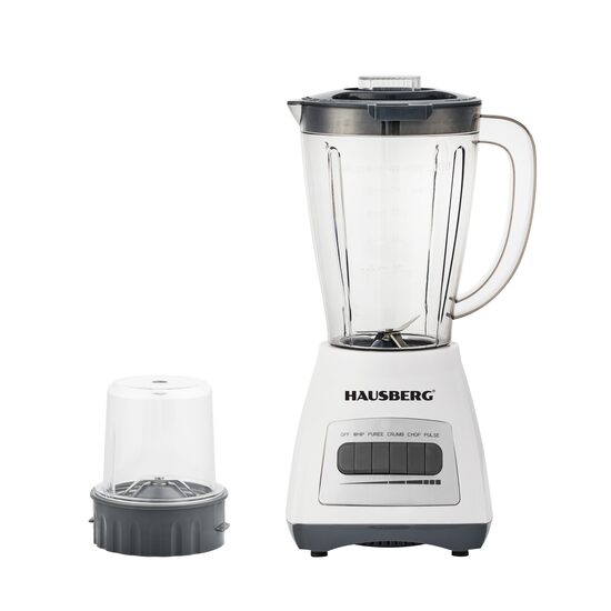 Blender ze młynkiem HAUSBERG HB-7770AB, 500 W, 4 poziomy prędkości, miska z podziałką z tworzywa sztucznego o pojemności 1,5 litra, funkcja Pulse, ostrza ze stali nierdzewnej, system bezpieczeństwa, biały