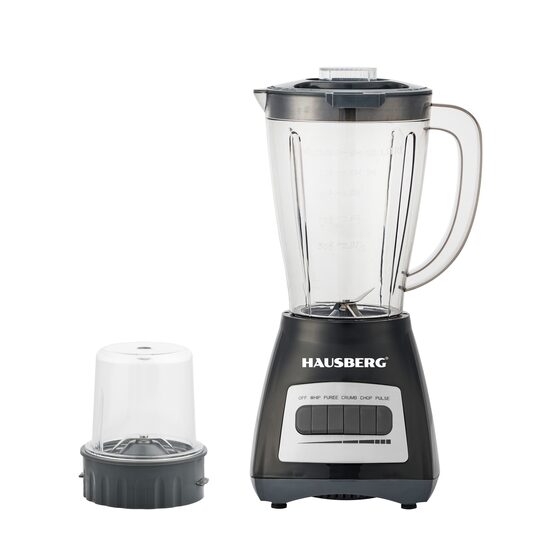 Mixer mit Mahlwerk HAUSBERG HB-7770NG, 500 W, 4 Geschwindigkeitsstufen, 1,5 Liter skalierte Kunststoffschüssel, Pulsfunktion, Edelstahlklingen, Sicherheitssystem, schwarz