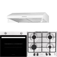 Hausberg HB-8051IN Einbaubackofen-Paket, Elektro, 76 l, 4 Funktionen, Klasse A + Hausberg HB-555 Einbaukochfeld, 4 Brenner, Gas, Edelstahl + Hausberg HB-1225 Traditionelle Dunstabzugshaube, 420 m3/h, 2 Motoren, 60 cm, Weiß