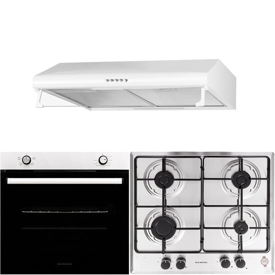 Hausberg HB-8051IN Einbaubackofen-Paket, Elektro, 76 l, 4 Funktionen, Klasse A + Hausberg HB-555 Einbaukochfeld, 4 Brenner, Gas, Edelstahl + Hausberg HB-1225 Traditionelle Dunstabzugshaube, 420 m3/h, 2 Motoren, 60 cm, Weiß