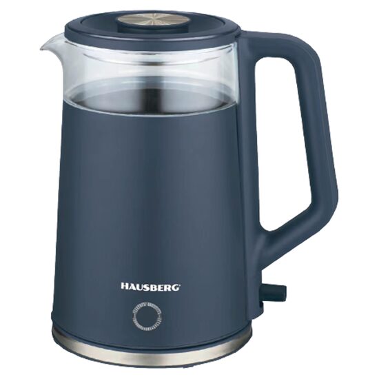 HAUSBERG HB-3619BL Wasserkocher, 1800 W, 2 l Fassungsvermögen, Trockengehschutz, Automatische Abschaltung, Edelstahl, Glas + Kunststoff, Blau