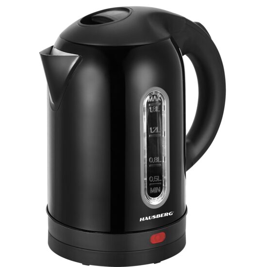 HAUSBERG HB-3621NG Wasserkocher, 1800 W, 1,8 Liter, Edelstahl-Wassertank, Abkochautomatik, 360-Grad-Drehung, Überhitzungsschutz, abnehmbarer Boden, schwarz