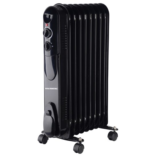 Elektrischer Ölheizer HAUSBERG HB-8915, 3 Geschwindigkeiten, 800-1200-2000 W, 9 Elemente 110 mm x 580 mm, regelbarer Thermostat, Griff und Räder für einfaches Bewegen, Betriebslichtanzeige, schwarz