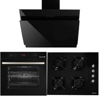 Einbau-Elektrobackofen Hausberg HB-8054, Klasse A, 71 l, 2225 W, Schwarz, Einbaukochfeld HB-563NG, 4 Brenner, Gas, Glas, Schwarz, Dekorative Einbauhaube HB-1385, Absorptionsleistung 650 mc/h, 60 cm, Touch-Bedienung