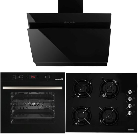 Four électrique encastrable Hausberg HB-8054, Classe A, 71 L, 2 225 W, Noir, Plaque de cuisson encastrable HB-563NG, 4 feux, Gaz, Vitre, Noir, Hotte décorative encastrable HB-1385, Puissance d&#39;absorption 650 mc/h, 60 cm, Commande tactile