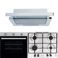Einbaupaket Hausberg HB-8053IN Elektrobackofen, Klasse A, 71L, 2225W, Schwarz/Edelstahl, Einbaukochfeld HB-555, 4 Brenner, Gas, Edelstahl, Integrierte Teleskophaube HB-1280, Absorptionsleistung 280 m3/h, 1 Motor, 60 cm, Weiß