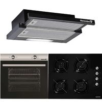 Hausberg Einbaupaket Elektrobackofen HB-8051IN, Klasse A, 76L, 2000W, Schwarz/Edelstahl, Einbaukochfeld HB-563NG, 4 Brenner, Gas, Glas, Schwarz, Teleskop-Einbauhaube HB-1285NG, Saugleistung 420 m3/h, 2 Motoren