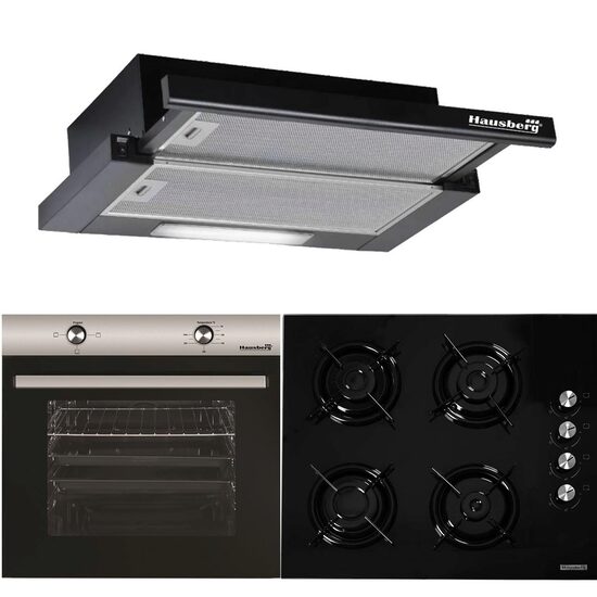 Hausberg Einbaupaket Elektrobackofen HB-8051IN, Klasse A, 76L, 2000W, Schwarz/Edelstahl, Einbaukochfeld HB-563NG, 4 Brenner, Gas, Glas, Schwarz, Teleskop-Einbauhaube HB-1285NG, Saugleistung 420 m3/h, 2 Motoren