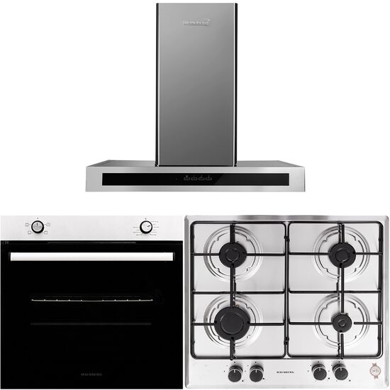 Hausberg HB-8051IN Einbaubackofen-Paket, Elektro, 76 l, 4 Funktionen, Klasse A + Hausberg HB-555 Einbaukochfeld, 4 Brenner, Gas, Edelstahl + Hausberg HB-1380 Dekorative Einbauhaube, 450 m3/h, 1 Motor, Touch-Bedienung, LED, Aluminiumfilter