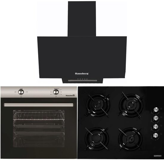 Paket Einbaubackofen Hausberg HB-8051IN, Elektro, 76 l, 4 Funktionen, Klasse A + Einbaukochfeld Hausberg HB-563, Gas, 4 Brenner, Schwarz + Dekorative Einbauhaube Hausberg HB-1510NG, 60 cm, Aluminiumfilter, 450m3/h, Schwarz