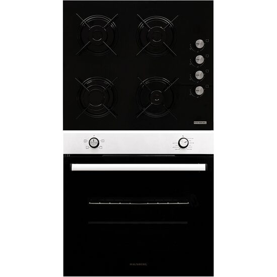 Einbaubackofen-Paket Hausberg HB-8051IN, Elektro, Leistung 2000 W, 76 l, 4 Funktionen, Klasse A, Schwarz/Edelstahl, Einbaukochfeld Hausberg HB-563, Gas, 4 Brenner, Schwarz