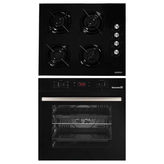 Einbaupaket Elektrobackofen Hausberg HB-8054NG, Klasse A, 71L, 2225W, Schwarz, Einbaukochfeld HB-563NG, 4 Brenner, Gas, Glas, Schwarz