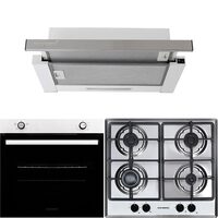 Einbaupaket Elektrobackofen Hausberg HB-8051IN, Klasse A, 76L, 2000W, Schwarz/Edelstahl, Einbaukochfeld HB-556IN, Gas, 4 Brenner, Gusseisengrill, Integrierte Teleskophaube HB-1285IN, Absorptionsleistung 420 m3/h, 2 Motoren, 60 cm, Weiß