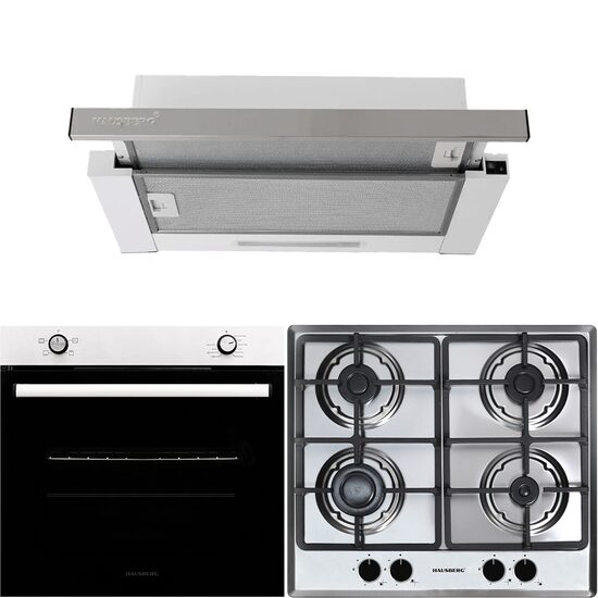 Einbaupaket Elektrobackofen Hausberg HB-8051IN, Klasse A, 76L, 2000W, Schwarz/Edelstahl, Einbaukochfeld HB-556IN, Gas, 4 Brenner, Gusseisengrill, Integrierte Teleskophaube HB-1285IN, Absorptionsleistung 420 m3/h, 2 Motoren, 60 cm, Weiß