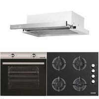 Einbaupaket Elektrobackofen Hausberg HB-8051IN, Klasse A, 76L, 2000W, Schwarz/Edelstahl, Einbaukochfeld HB-567NG, Gas, 4 Brenner, Gusseisen, Glas, Integrierte Teleskophaube HB-1285IN, Absorptionsleistung 420 m3/h, 2 Motoren, 60 cm, Weiß